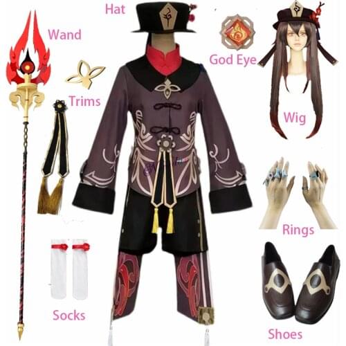 Game Genshin Impact Hu Tao Cosplay Costume Wig Shoes Rings Hat Wand Anime HuTao Outfit Plus Size Halloween Costume For Women Men