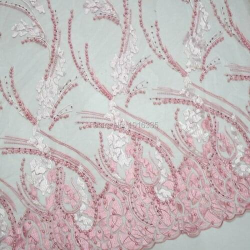 New Baby Pink Embroidery lace with pearls french beaded lace fabric for bridal dress HY0481
