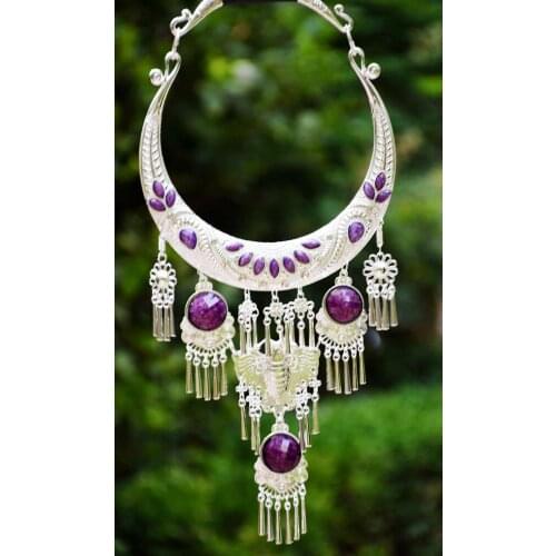 Multicolor Stones Ethnic Fashion Vintage Embroidery Sweater Necklace Exaggerated Torque Miao Silver Unique Stage Show Necklace