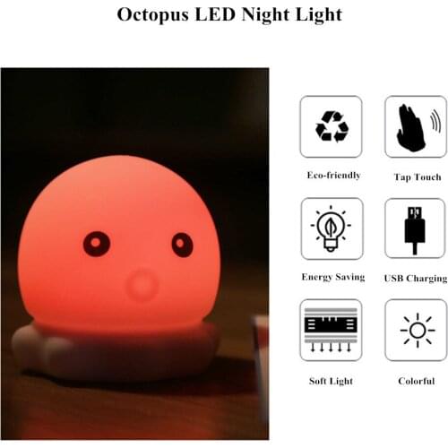 Cartoon Octopus LED Night Light Touch Sensor Colorful Silicone USB Charging Bedroom Bedside Lamp for Children Kids Baby Gift