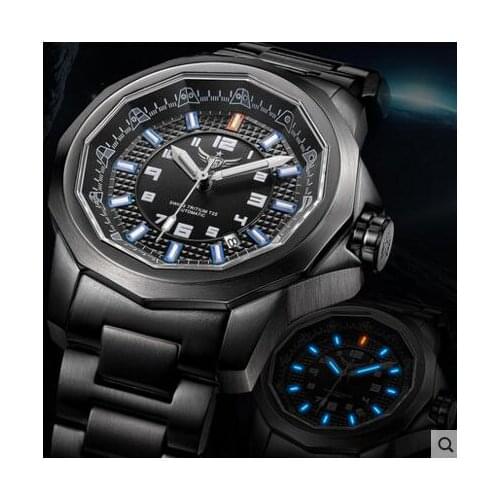 Yelang Mens Automatic Wristwatch Tritium Light T25 WR100M Japan Movement 21Jewels Sapphire Date Luminous Black Steel Band