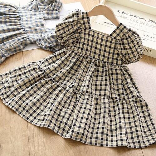 Baby Girl Outfits Puff Sleeve Clothes Plaid Skirt Fashion Princess Dress square collar Flower Girl Dresses