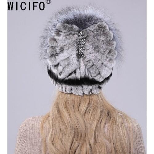 Real Rex Rabbit Fur Hats Winter Fur Hat for Women with Silver Fox Fur Flower Knitted High-quality Women Fur Cap New Beanies Cap