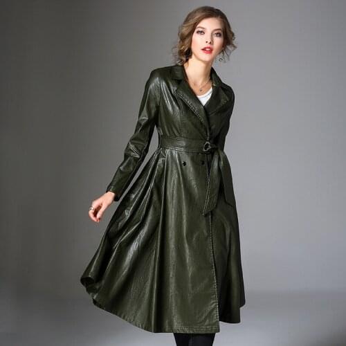 Newest 2020 Autumn Pu Leather Long Jackets Women European Elegant Long Slim Windbreaker Black Coats manteau femme LX2007