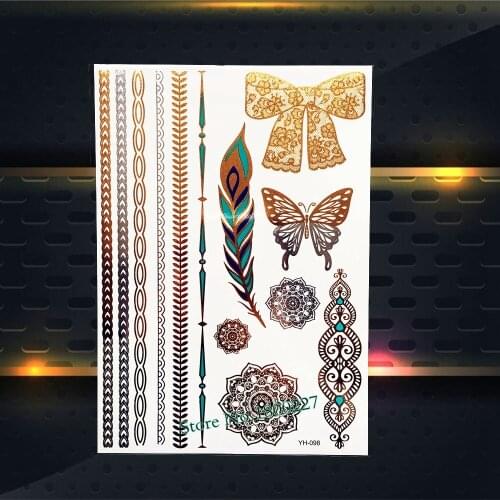 New Body Art Flash Gold Metallic Tattoo Lace Bowknot Butterfly Feather Design Waterproof Henna Temporary Tattoo Stickers PYH-098