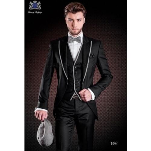 New Design One Button Black Groom Tuxedos Peak Lapel Groomsmen Mens Wedding Prom Suits (Jacket+Pants+Vest+Tie) NO:39