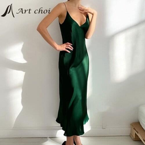 Satin Sexy Long Slip Evening Spaghetti Strap Dresses Women Summer Bodycon Ruffles Backless Deep V Neck Sundress Party Vestido