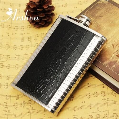 Arshen Portable Mini 9oz Leather Stainless Steel Hip Flask Whisky Bottle Wine Liquor Alcohol Drink Pocket Bottle Cap Gift