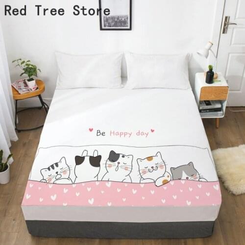 Fitted Sheet 100% Microfiber Fabric Mattress Cover Cartoon Cat Printing Bed Sheets With Elastic Band Double Queen Size Bedsheet