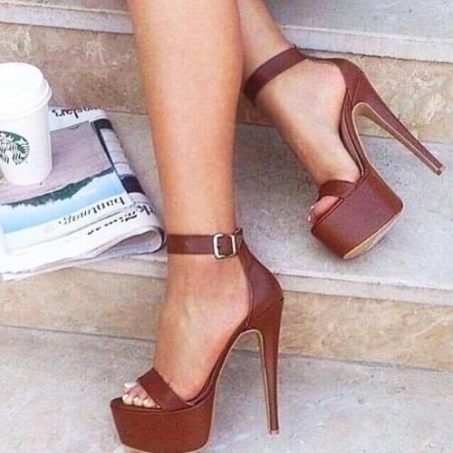 Sexy Shoes Platform High Stiletto Heels Sandals Open Toe Cut Out One Strap Ankle Buckle Shoes Matte Leathe Ladies Shoes