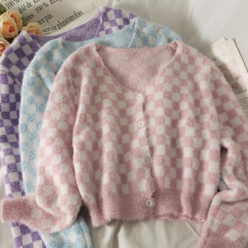 Sweater womens cardigan autumn 2021 loose short wild knit sweater coat Korean plaid long-sleeved soft Mohair Cardigans lady