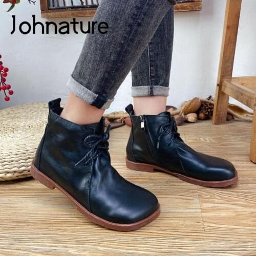 Johnature Ankle Boots For Women Shoes Genuine Leather Zip 2021 New Flat With Spring/Autumn Round Toe Handmade Ladies Boots