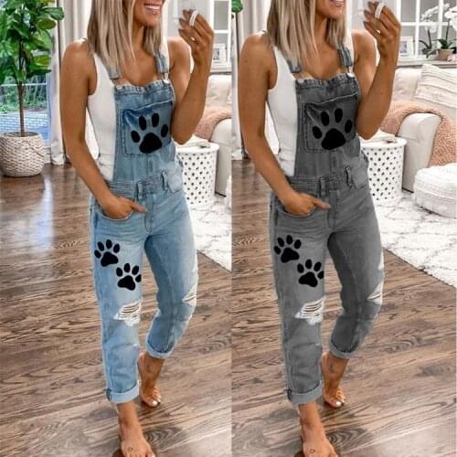 Ladies Denim Overalls Animal Feet Printed Jeans with Ripped Holes Womens Overalls Trousers