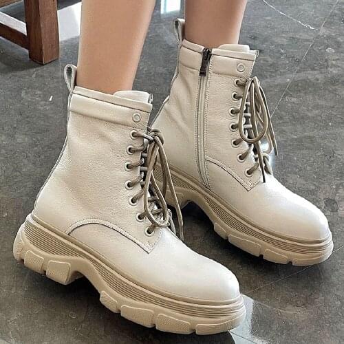 Plus size 34-41 womens genuine leather thick sole platform flats autumn ankle boots lace-up punk motorcycle boots short booties
