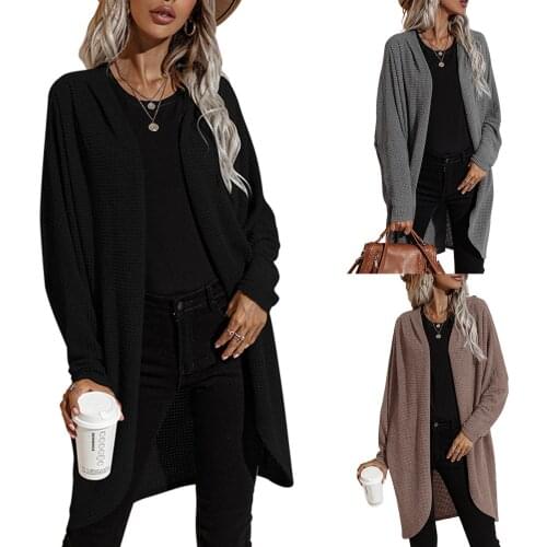 Womens casual long sleeved cardigan, solid color, versatile, medium and long woven twist knit sweater, irregular design of coat
