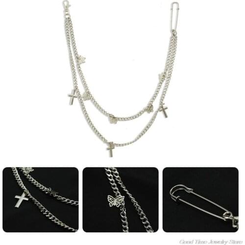 Gothic Punk Women Pants Jeans Waist Chain with Metal Cross Butterfly Pendant Harajuku Hip Hop Trousers Belt Jewelry