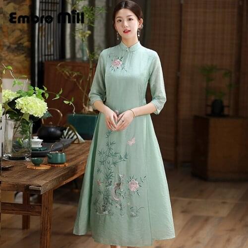 Chinese Style Dress Spring Autumn New Plus Size Retro Embroidery + Belt Tencel Cotton Chinese Long Cheongsam Woman S-XXL