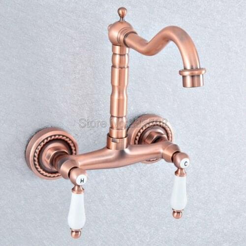 Antique Red Copper Bathroom Kitchen Sink Faucet Mixer Tap Swivel Spout Wall Mounted Double Handles Lsf887