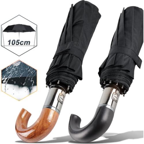 Automatic 3Fold Umbrella Rain Women 10Ribs Leather Wood Handle Business Classic English Style Umbrella Men Gift Large Umbrellas