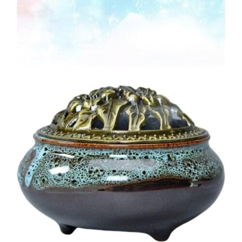 Cone Incense Burner with Alloy Calabash Incense Stick Holder Ceramic Incense Ash Catcher Tray Bowl (Blue)