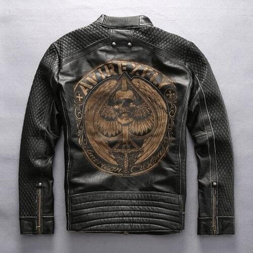 AVIREXFLY Male Leather Jacket 2020 New arrival 100% Real Cowskin Embroidery skulls Motorcycle Jacket Winter Coats