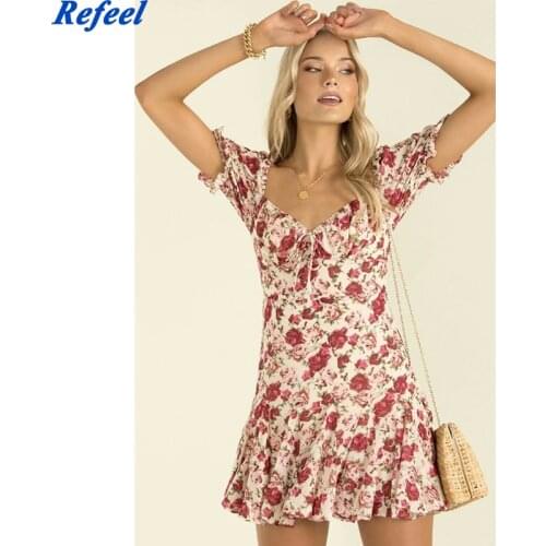 Fashion Women Rose Flower Square Collar Summer Dress Short Sleeve Chic Female Mini Dress Vestidos
