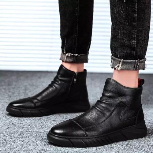 Men Ankle Boots PU Leather Basic Short Plush Winter Warm Men Casual Shoes Zipper Solid Color Round Toe Flat Big Size Mens Shoes