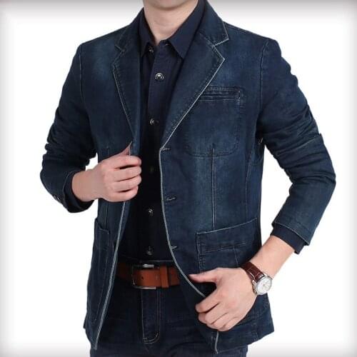 EUR Size M-4XL Spring Autumn Mens Casual Denim Suits Slim Fit Blazer Jacket Military Windbreaker Male Single Breasted Jean Coats