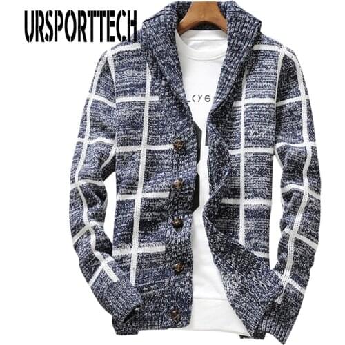 URSPORTTECH Sweater Men Plaid Cardigan Coat Men Autumn Knitted Sweater Coats Knitting Jumper Slim Fit Pull Homme Plus Size XXL