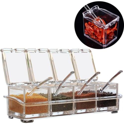 4pcs Set Spice Jar With Spoon Plastic Seasoning Boxes Can Spice Storage Container Pepper Pot Kitchen Gadgets Bottle Organizer