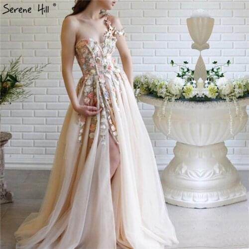 Serene Hill Champagne Sexy One Shoulder Evening Dress Sleeveless Handmade Flowers Pearls Formal Party Gown 2020 CLA60946