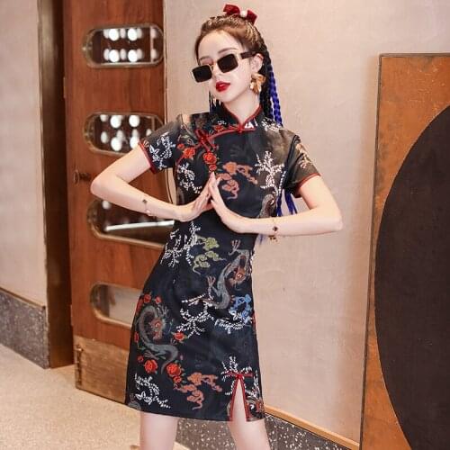 Qipao Women Dress Slim Chinese Traditional Clothing Summer Casual Short Sleeve Sexy Slit Vintage Dragon Print Cheongsam Black