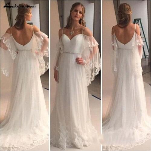 Greek Country Style Bell Sleeve Boho Beach Lace Wedding Dresses Off-shoulder Beaded Belt Bohemain Cheap Wedding Gown