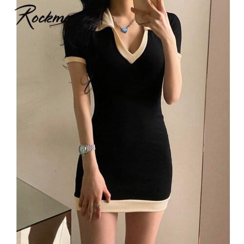 Rockmore Black Elegant Knitted Mini Dress Bodycon Party Dress Summer Sexy Short Sleeve Dresses Harajuku Women Casual Female 2021
