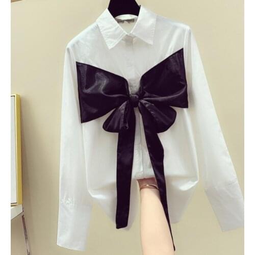 2020 spring ol White shirt women new loose bow stitching long sleeve top blouse