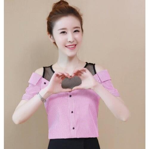 Off Shoulder Women Spring Summer Style Mesh Chiffon Blouses Shirts Lady Casual Short Sleeve Striped Blusas Tops DD1926