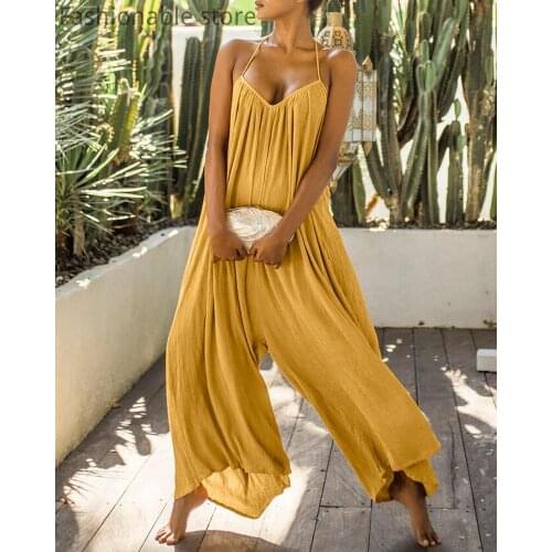 Women Casual Halter Tassel Design Solid Color Backless Wide Leg Jumpsuit