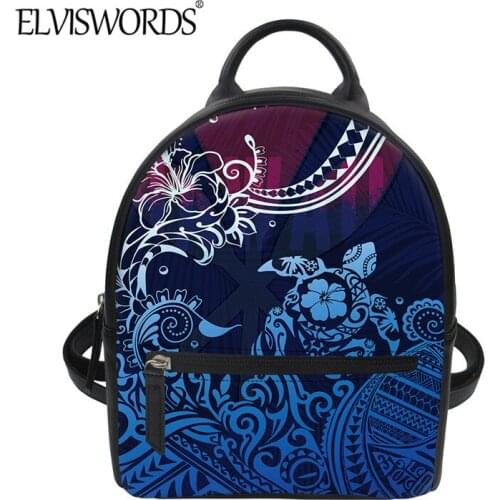 ELVISWORDS 2021 New PU Leather Backpack for Women Casual Mini Shoulder Bag Dark blue Polynesian Tribal Print Durable Zipper Bags