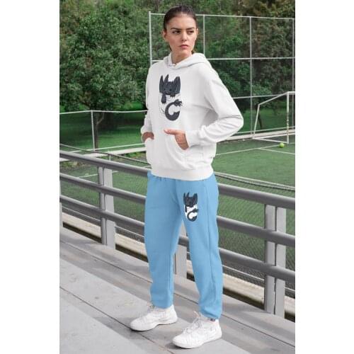 Angemiel Wear Baby Dragon Women Tracksuit Set White Hooded Sweatshirt Blue Sweatpants