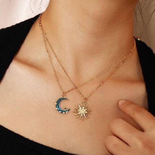2021 Creative Fashion Imitation Pearl Sun and Moon Pendant Necklace for Women Statement Vintage Double-layer Necklace Jewelry