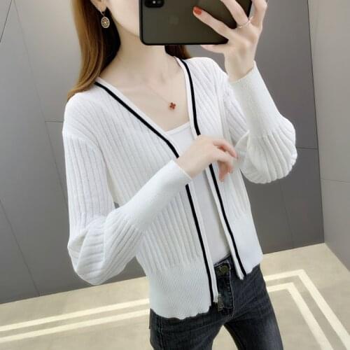 20142 (3 room 4 row 3) film v-neck spell color bar long-sleeved ice silk knitting jacket zipper 42
