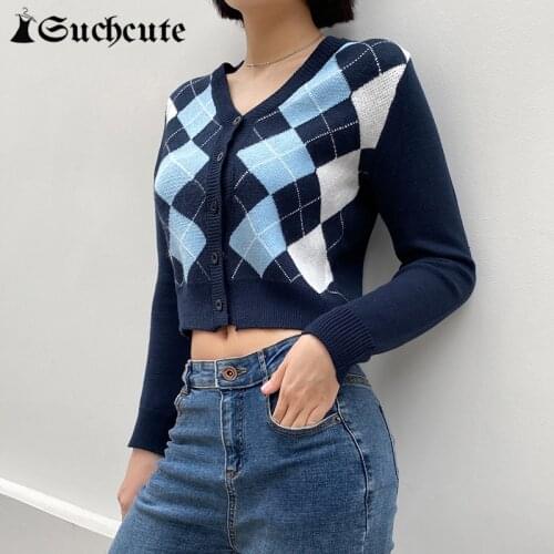 SUCHCUTE 2020 Streetwear Modis Longslive Woman Cardigan Sweaters Korean Style Vintage Argyle Plaid Female y2k Cropped Sweater