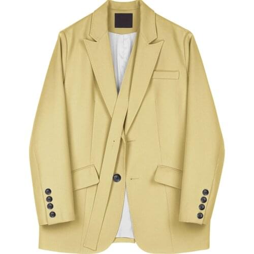 Spring Autumn Vintage Women Yellow Blazers Jackets Loose Korean Single Breasted Bandage Suit Jacket Female Office Blazer Mujer