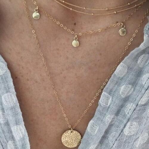 Bohemian Multi-layer Round Coin Pendant Necklaces for Women Ladies Gold Chain Geometric Necklace Trendy Jewelry collier femme