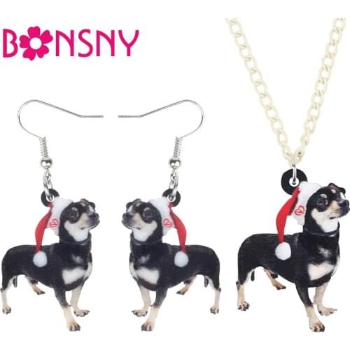 Bonsny Acrylic Christmas Hat Chihuahua Dog Jewelry Set Necklace Earrings Decoration Jewelry For Women Girls Party Gift Accessory