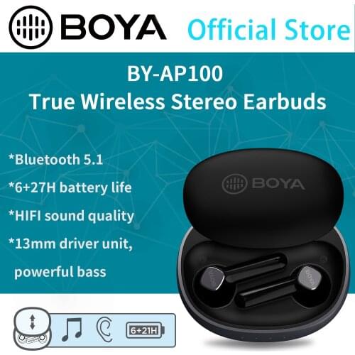 BOYA BY-AP100 True Wireless Stereo Earbuds 5.1 Bluetooth 6H Playtime for Gaming Video Watching AAC/SBC High Quality Sound