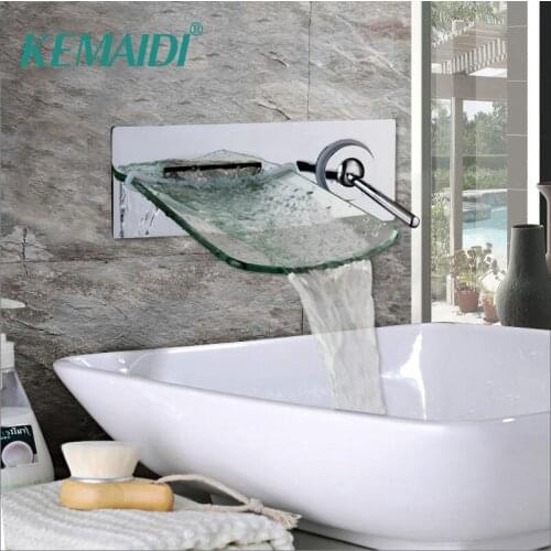 KEMAIDI Wall Mounted Waterfall Glass Spout Chrome Brass Bathroom Faucet Single Handle Hot And Cold Mixer Tap