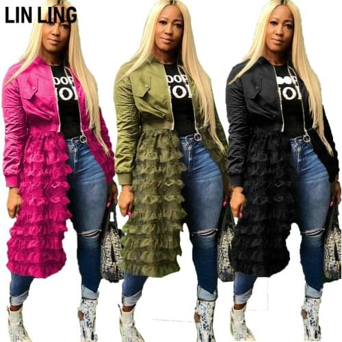 LINLING Fashion Temperament Zipper Full Sleeve Solid Jacket Stitched Chiffon Mesh Lace Skirt Street Clothing