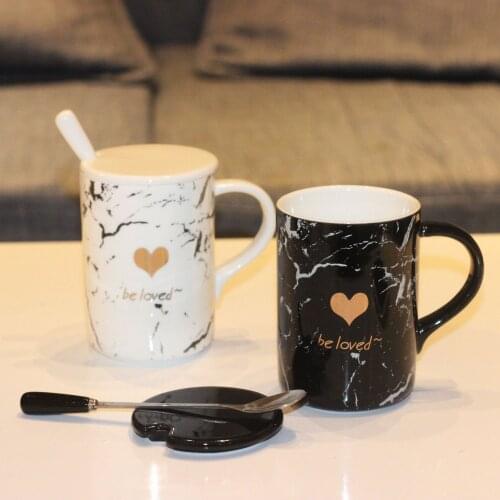 Marbled Mugs Office Couples Ceramic Cup with Lid and Spoon Hand-made Household Water Bottles In Nordic Style