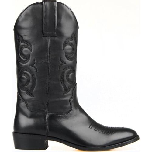 FootCourt- Black Genuine Leather Motorcycle Boots Round Toe Boots Embroidered Boots Mid Calf Western Cowboy Boots Handmade Boots